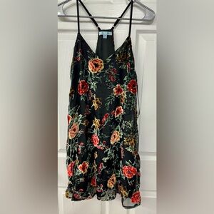 black sheer dress with crushed velvet floral design, medium, lined.  Never worn